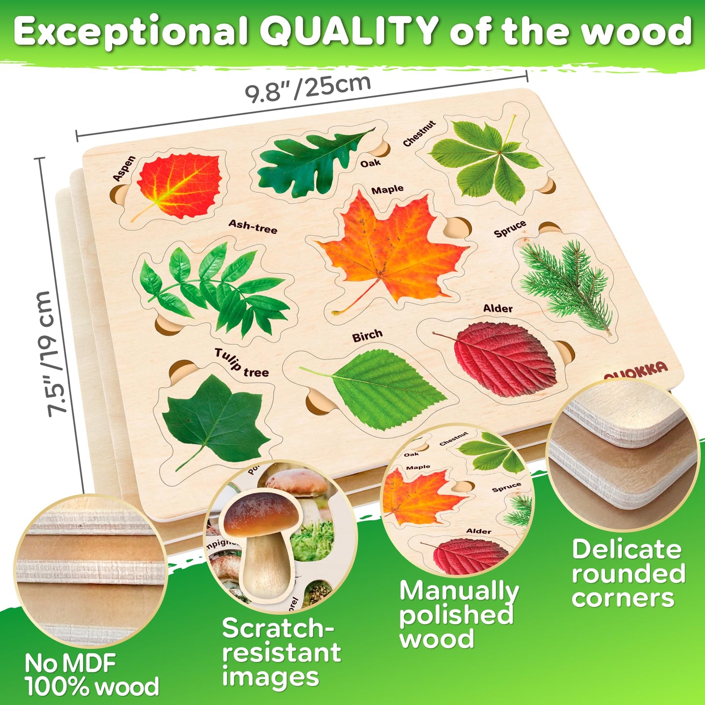 Quokka Wooden Puzzles For Toddlers 2-4 – 3X Set Montessori Toys Puzzles For Kids Ages 3-5 – Wood Educational Baby Game 12-18 Months – Gift Learning Mushrooms Flowers Leaves For Boy & Girl 3-5