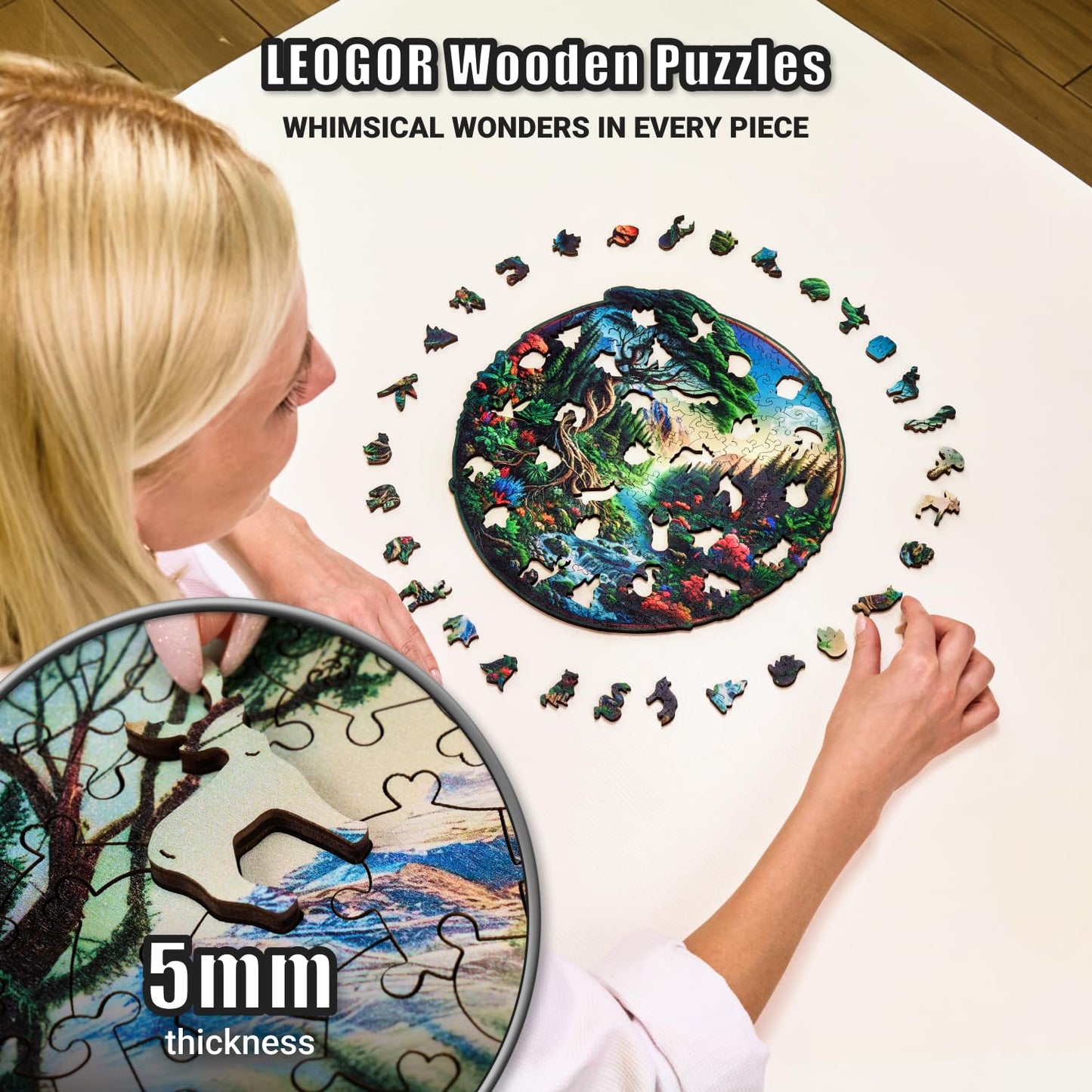 Leogor Mosaic Wooden Jigsaw Puzzles For Adults With Whimsical Pieces – 200 Piece Colorful Landscape Puzzle With Unique Animal-Shaped Wood Pieces – Medium 11.5'' X 11.2''