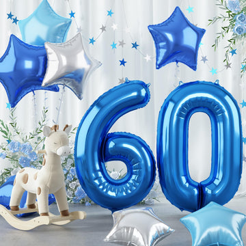Big Foil 60 Balloon, 40 Inch Dark Teal Blue Self Inflating Number 60 Balloon For Men 60Th Birthday, Silver Light Royal Blue Glob