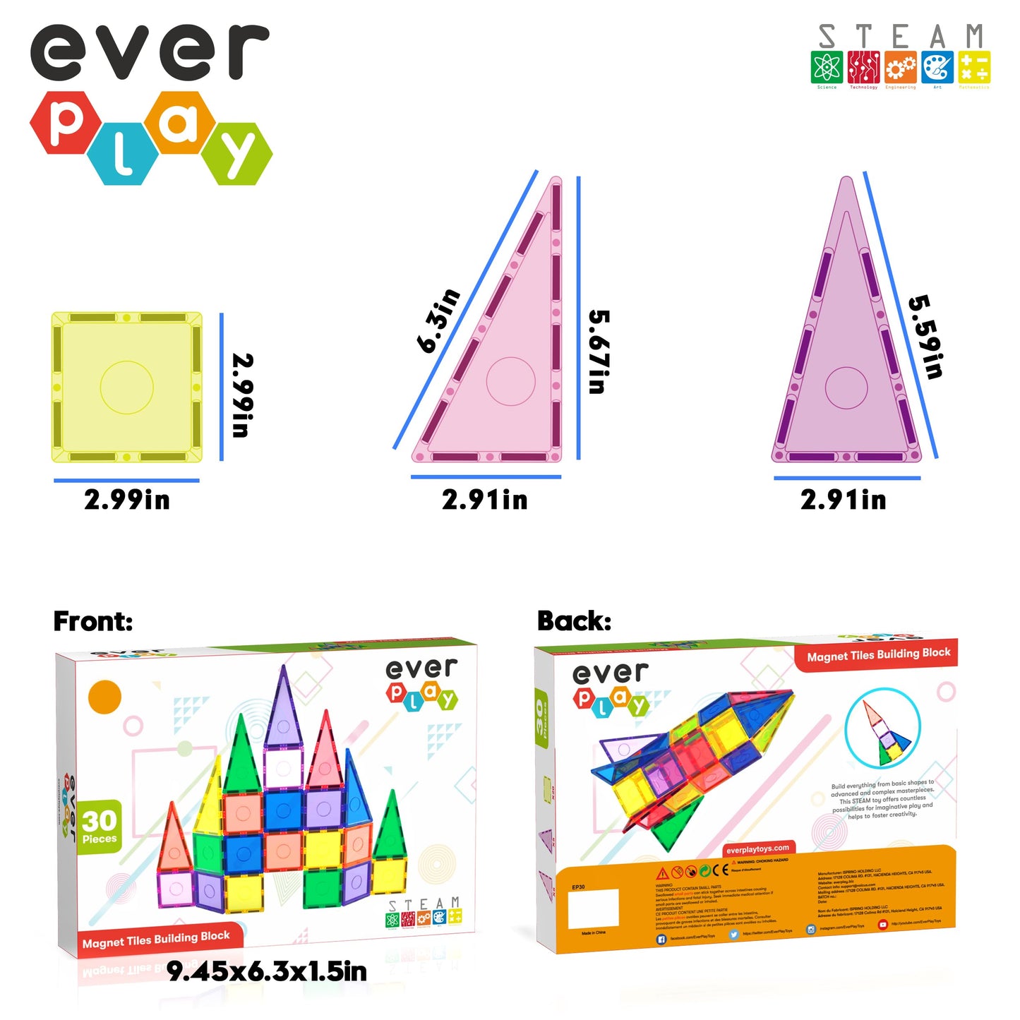 Everplay 30Pc Magnetic Tile Building Block Set Construction Magnet Tiles Toy Blocks Stem Educational Learning Kit Toddler Preschool Games Rocket Playset Toys Unlimited Creation Boys Girls Age 3 And Up