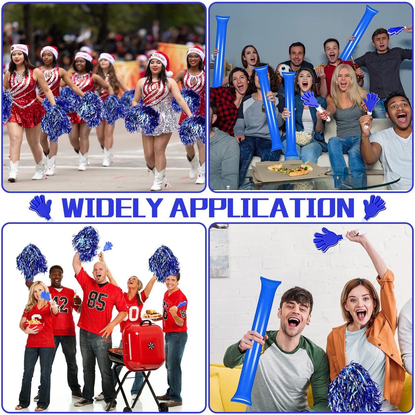 Sosation 36 Pcs Team Spirit Accessories, Cheerleading Pom Poms Hand Clappers Party Favors And Thunder Sticks Noise Makers For Sporting Events Football Baseball Cheering Essentials(Blue Silver)