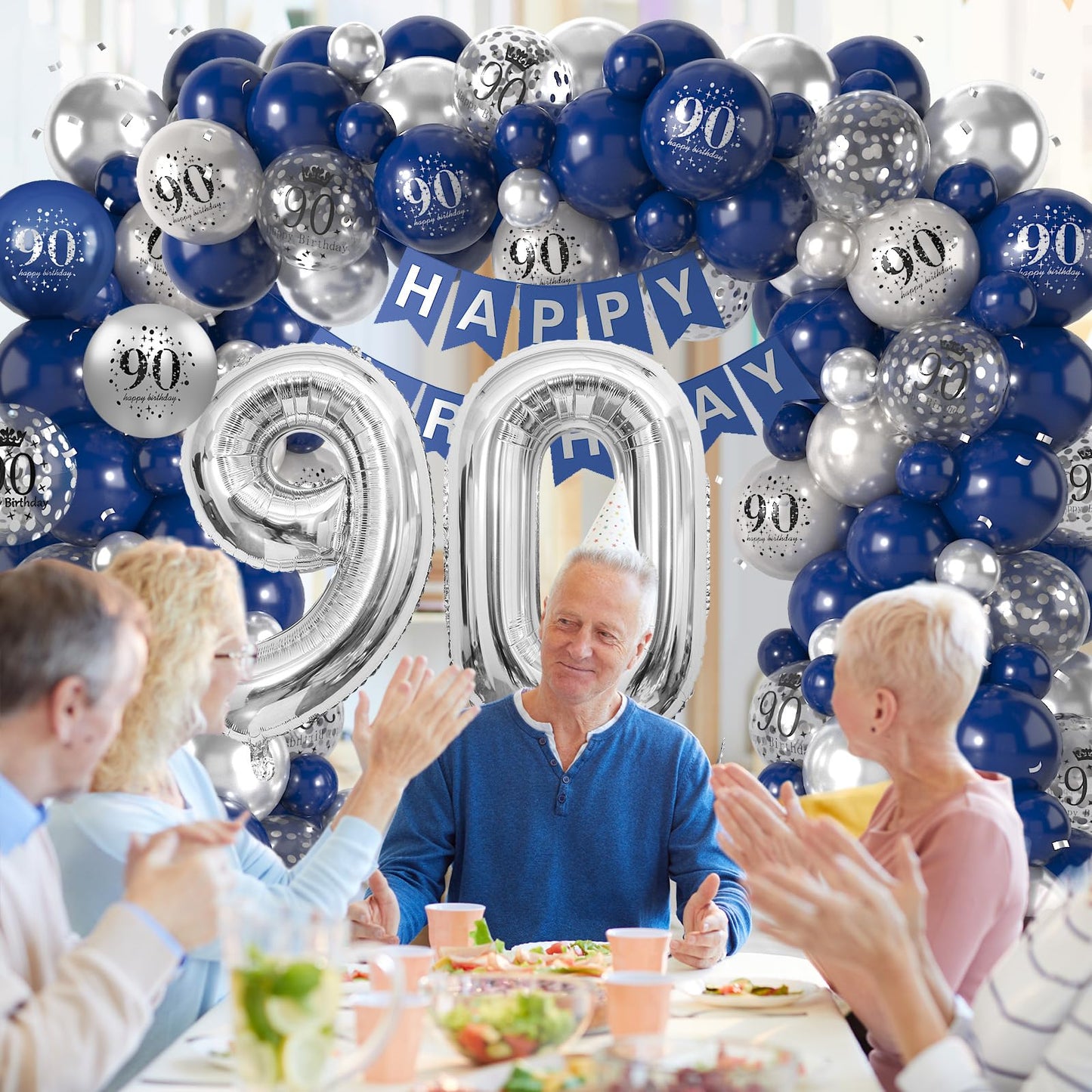 90Th Birthday Decorations Navy Blue Silver,90Th Birthday Balloon Garland Party Decorations With Number 90 Foil Balloons,Happy Bi