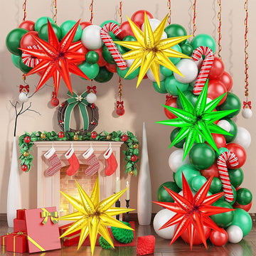 72 Pcs Gold Red Green Star Balloons, Spike Balloons For Christmas Party Supplies, Big 26 Inch Explosion Christmas Star Cone Ball