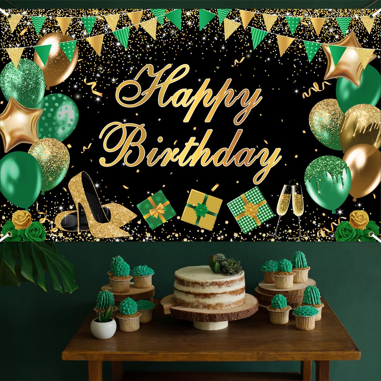 Avezano Green Happy Birthday Banner Green Gold Black Happy Birthday Backdrop Glitter Bday Party Decorations for Women 6 x 3.6 ft