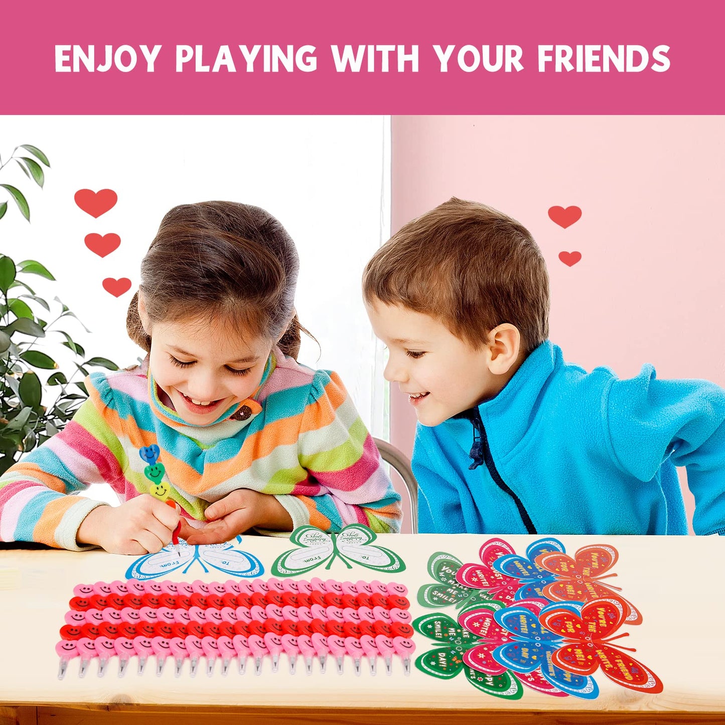 Feltom 28 Pack Valentines Day Gift Cards for Kids with Stacking Heart Pencils, Valentines Day Gifts for Kids Boys Girls, Valenti