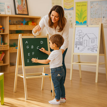 Happy Bear 2 In 1 Wooden White Dry Erase Easel Board And Chalkboard With Marker, Duster & Chalk | Standing Easel Board For Kids 
