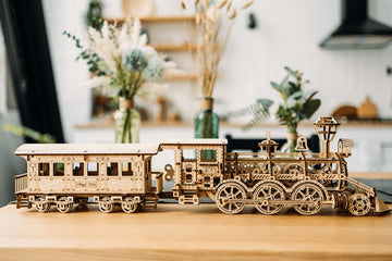 Wood Trick Wooden Toy Train Set With Railway - 34X7'' - Locomotive Train Toy Mechanical Model Kit - 3D Wooden Puzzles For Adults