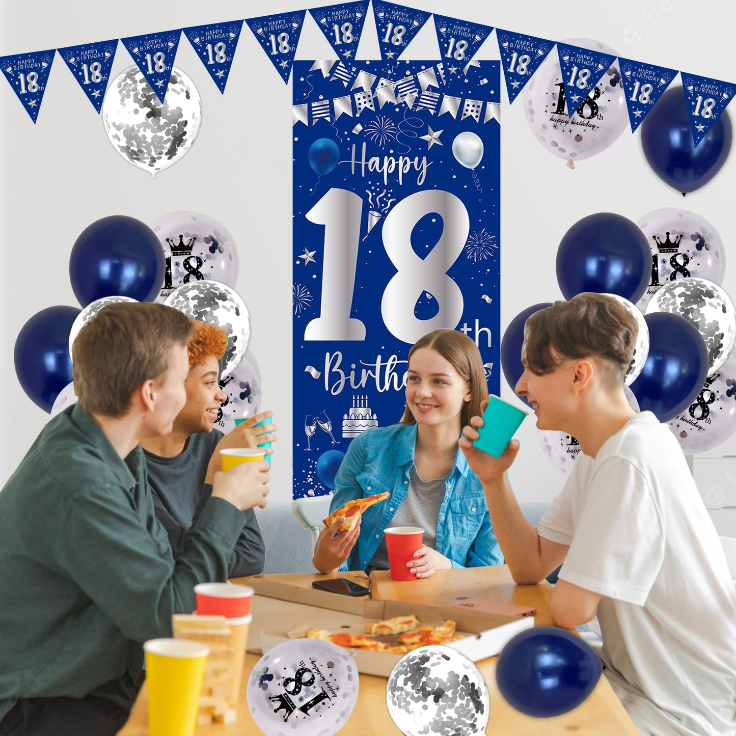 18Th Birthday Decorations For Boys Girls, Blue Silver Happy 18Th Birthday Decorations Door Banner, 32'' Number 18 Foil Balloon F