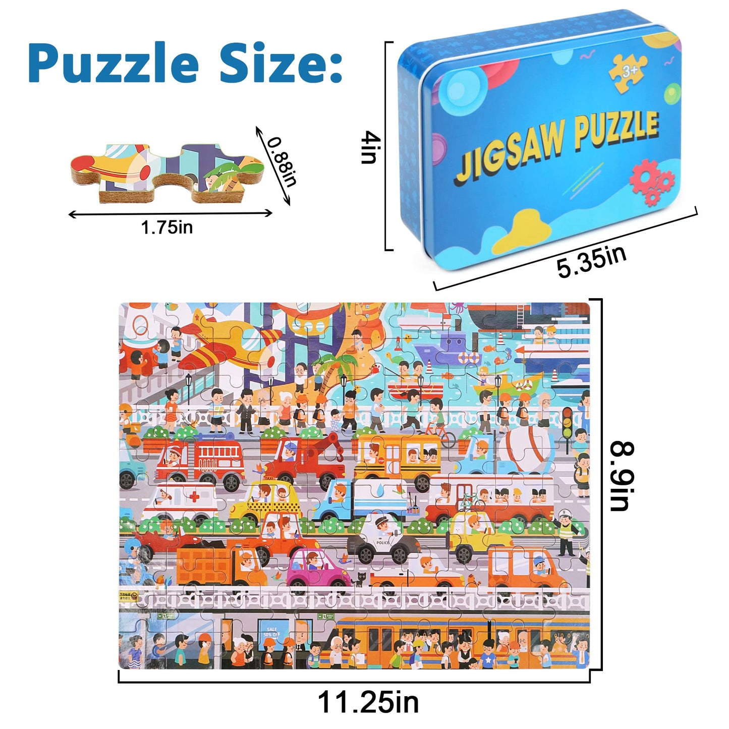 Lelemon 100 Piece Kids Puzzle, Communications, Educational Jigsaw Puzzle For Ages 4-8, Metal Storage Box, Portable, 11.2X8.8 Inches, 100 Count