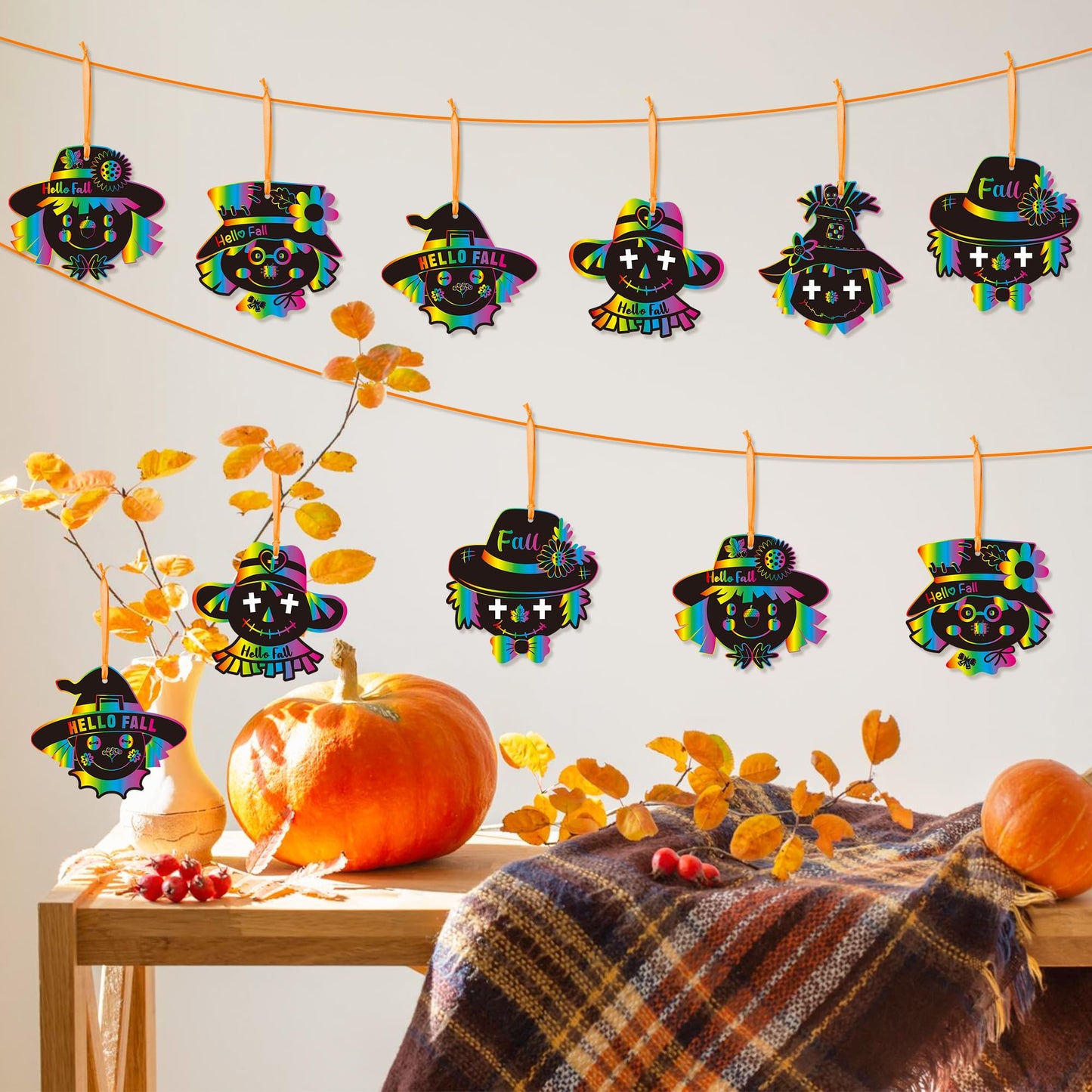 WATINC Fall Scarecrow Scratch Cards - 60pcs Autumn Scratch Art Crafts Kit for Kid, DIY Magic Animal Hanging Paper, Harvest Thank