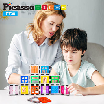 PicassoTiles 30 Piece Window and Door Clip On Magnetic Blocks Magnet Tiles Magnets Building Tile Construction Toy Set STEM Educa