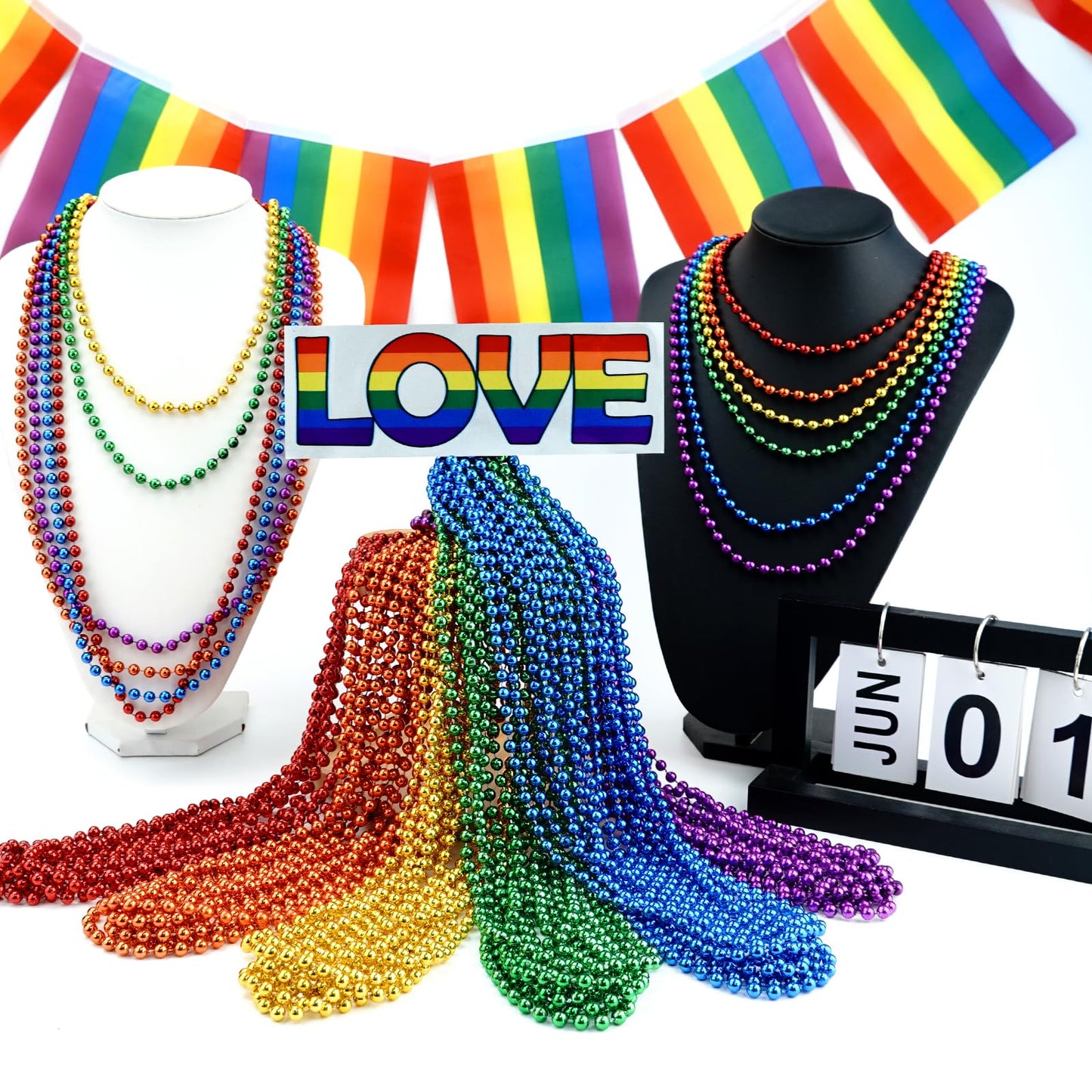 Yaxinrui 24Pcs Pride Beads Necklaces Bulk, Lgbtq Pride Beads Stuff Metallic Rainbow Bead Necklaces Pride Beads Accessories For G