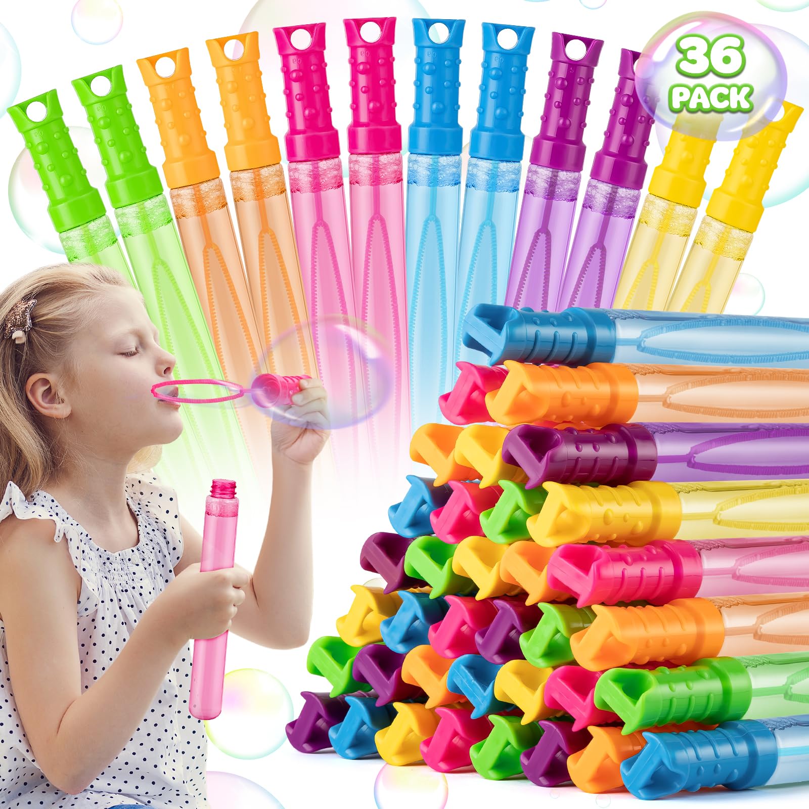 36 Pack Big Bubble Wands Bulk In 6 Colors, Bulk Party Favors For Kids, Ideal Goodies Bags Stuffers, Summer, Easter, Halloween, V