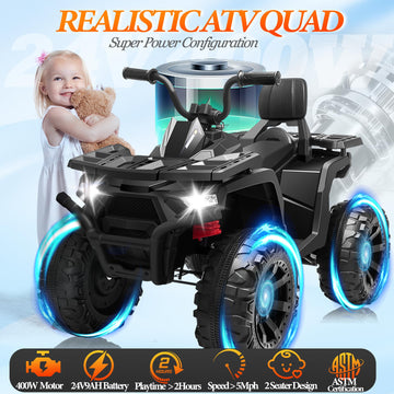 24V Kids Atv 4 Wheeler, Blissride 2 Seater Ride On Toy For Big Kids W/400W Motor, 9Ah Battery Powered, Kneepads, Bluetooth Music