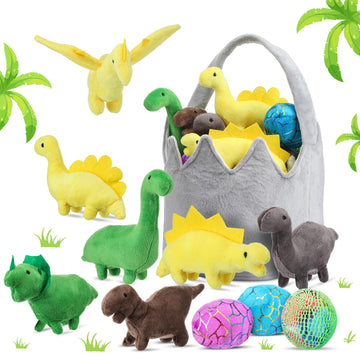 Gemscream 11 Pcs Dinosaur Stuffed Animal Dino Plush Toy And Egg Bag Set Cute Stuff Animals 7 Soft Dinosaur 1 Basket 3 Dinosaur E
