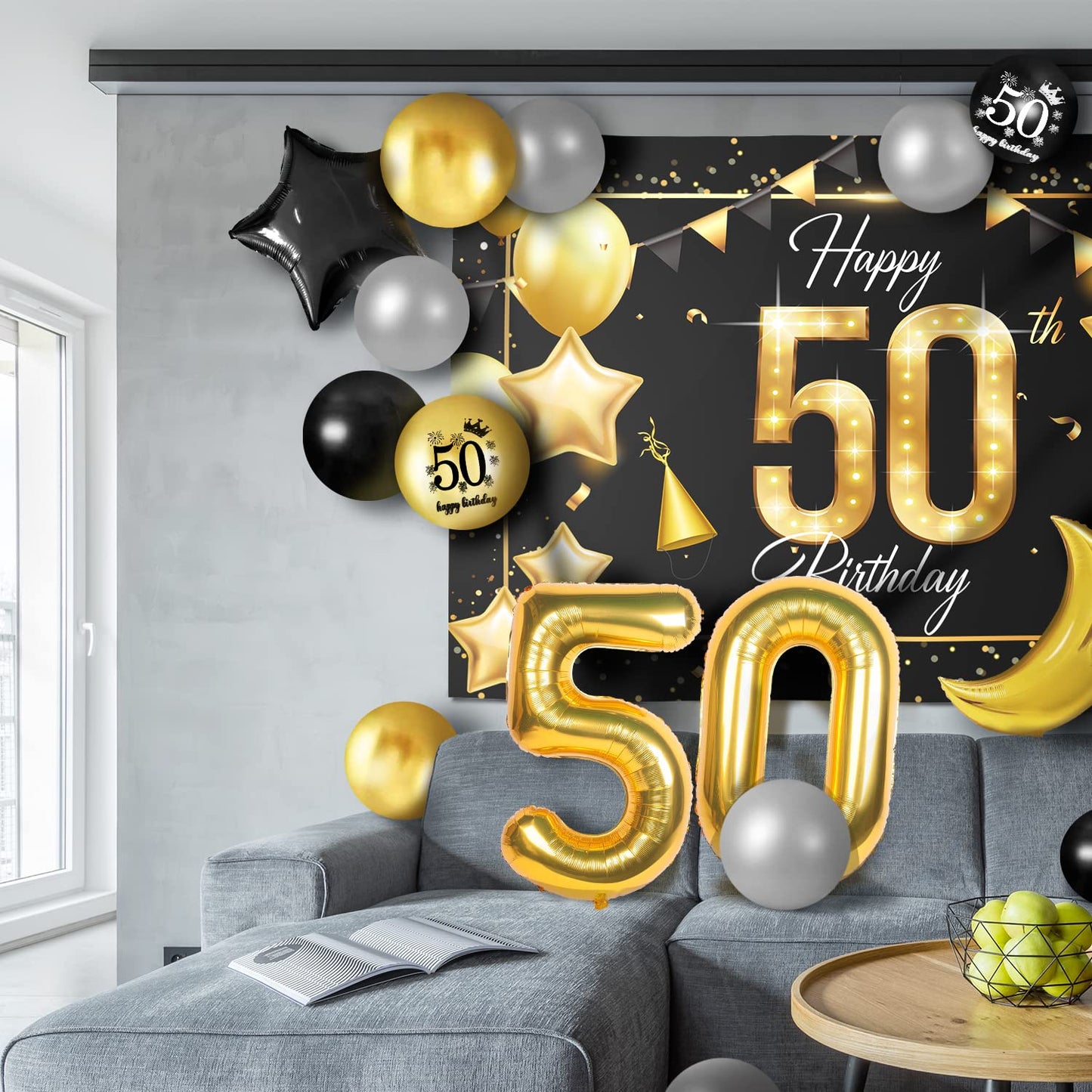 Happy 50Th Birthday Balloons Gold Set Decor - Cheers To 50 Years Old Party Theme Garland Star Moon Banner Backdrop Decorations F