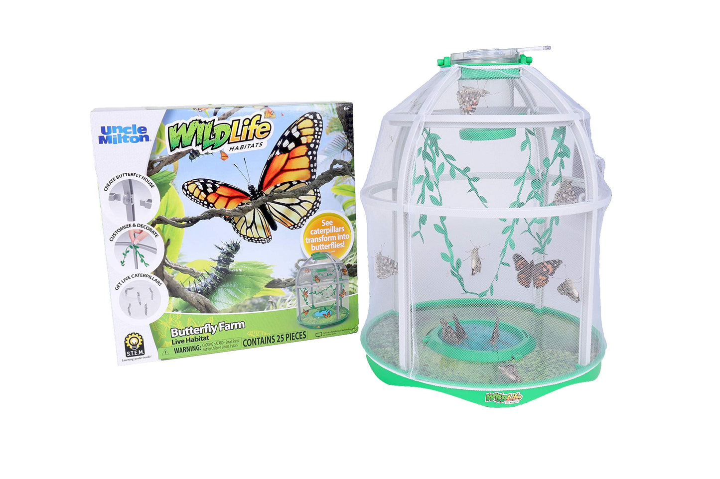 Uncle Milton Butterfly Farm Live Habitat - STEM Toy for Kids 6+ - Green - Observe Caterpillars Transform into Butterflies - Model 00057