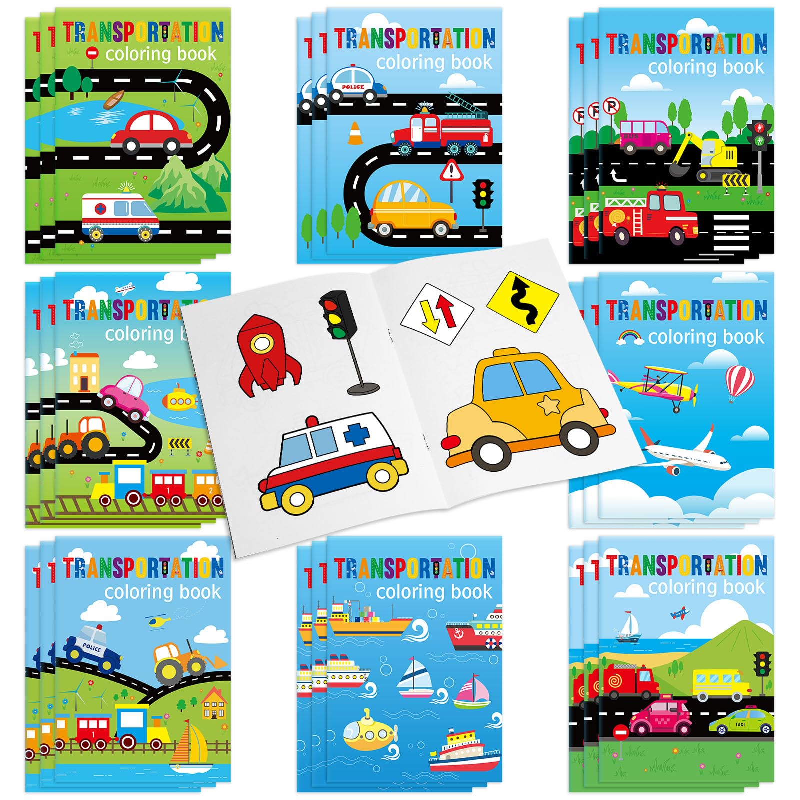 Kosiz 24 Pieces Transportation Coloring Books Traffic Theme DIY Art Drawing Book Party Favors Airplanes Vehicles and Ships Color