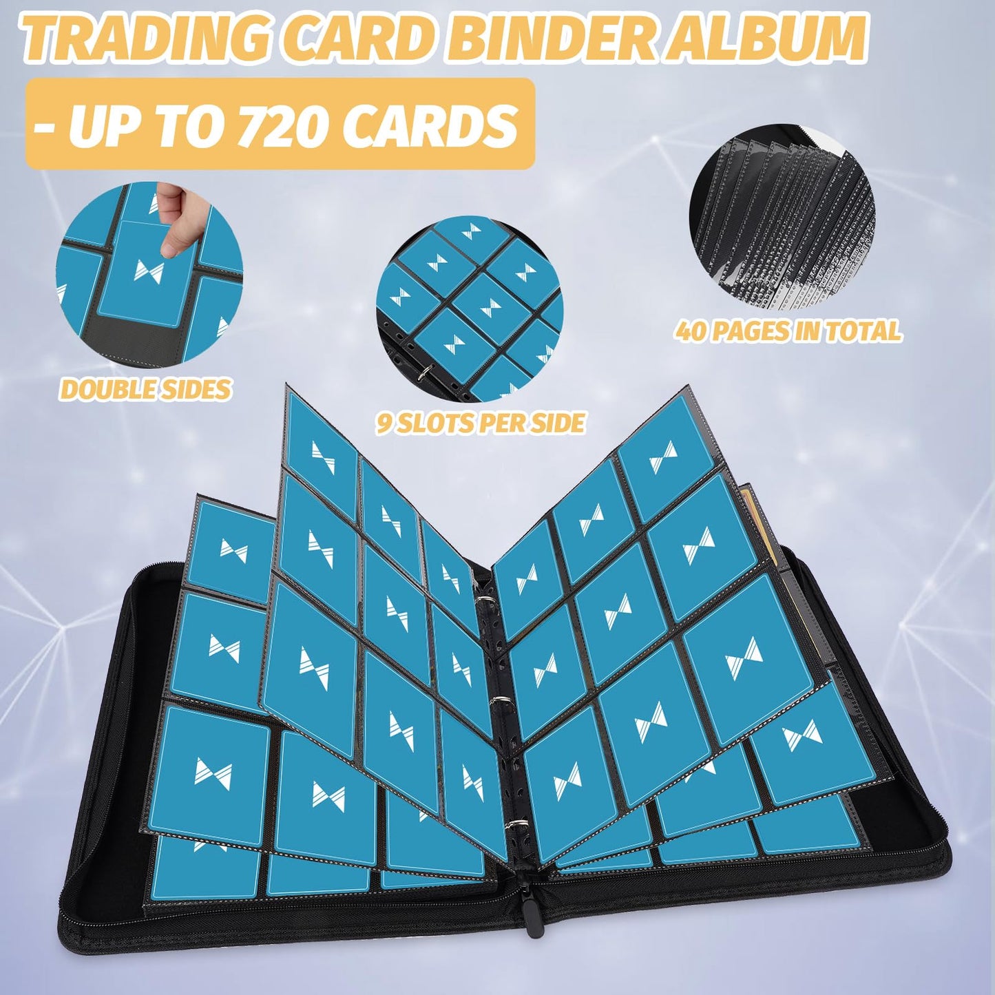GERMUN 720 Card Binder  enhanced Trading Card Binder  9 Pocket Double Sided Pocket PU Card Collection Binder  Collector Card Album  Card Folder for MTG  TCG  Sports Cards  Game Cards (Lake Blue)