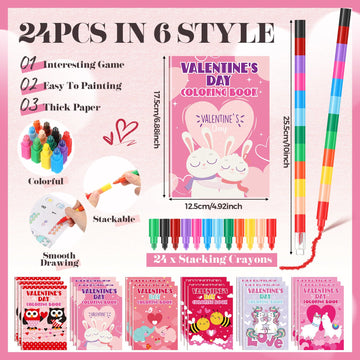 Motipuns 24 Pack Valentines Day Theme Coloring Book with 24 Stacking Crayons Sets for Kids Valentine Party Favor, Mini Coloring
