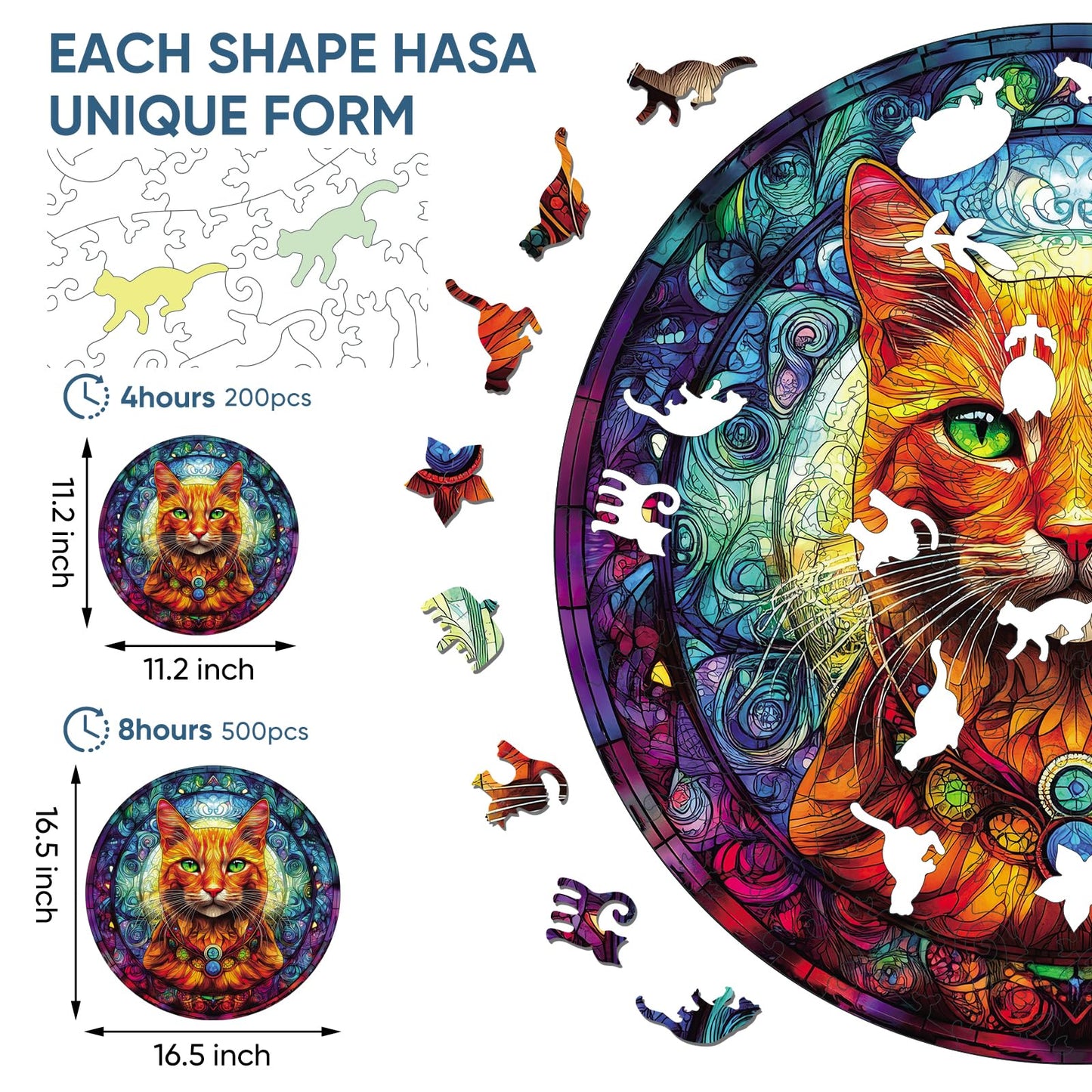 Reouinty Wooden Puzzles for mature-themeds  Yellow Cat Jigsaw Puzzles 200 Pieces  Unique Shaped Animal Wood mature-themed Puzzle  Best Gifts for mature-themeds Family Games (11.2 * 11.2 inches)