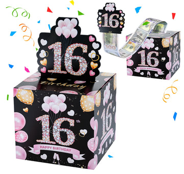16Th Birthday Gifts For Girls, Sweet 16 Birthday Decorations For Girls, Pink Happy Birthday Surprise Money Box For Cash Gift For