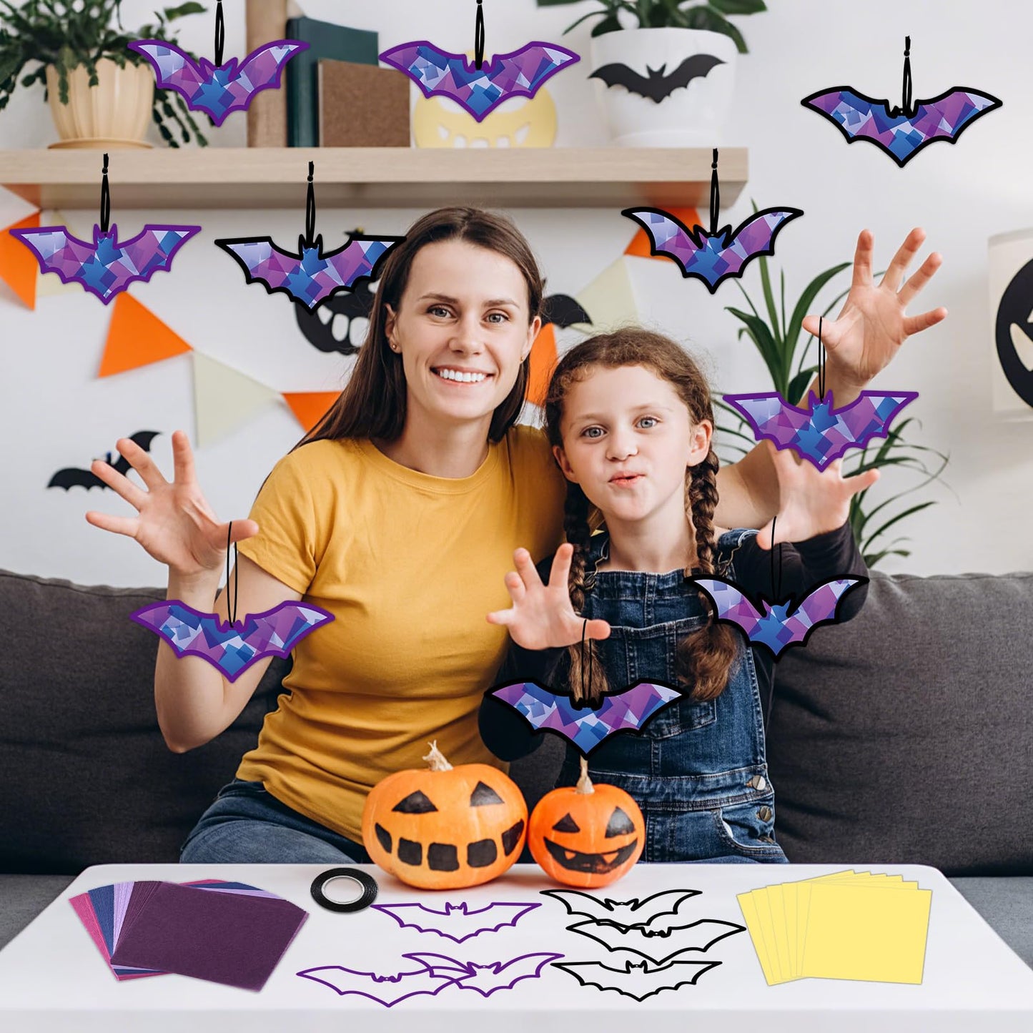 Qyeahkj 36 Set Halloween Bat Suncatchers Crafts for Kids DIY Hanging Bat Window Tissue Paper Crafts Kit Bat Hanging Decor for Ha