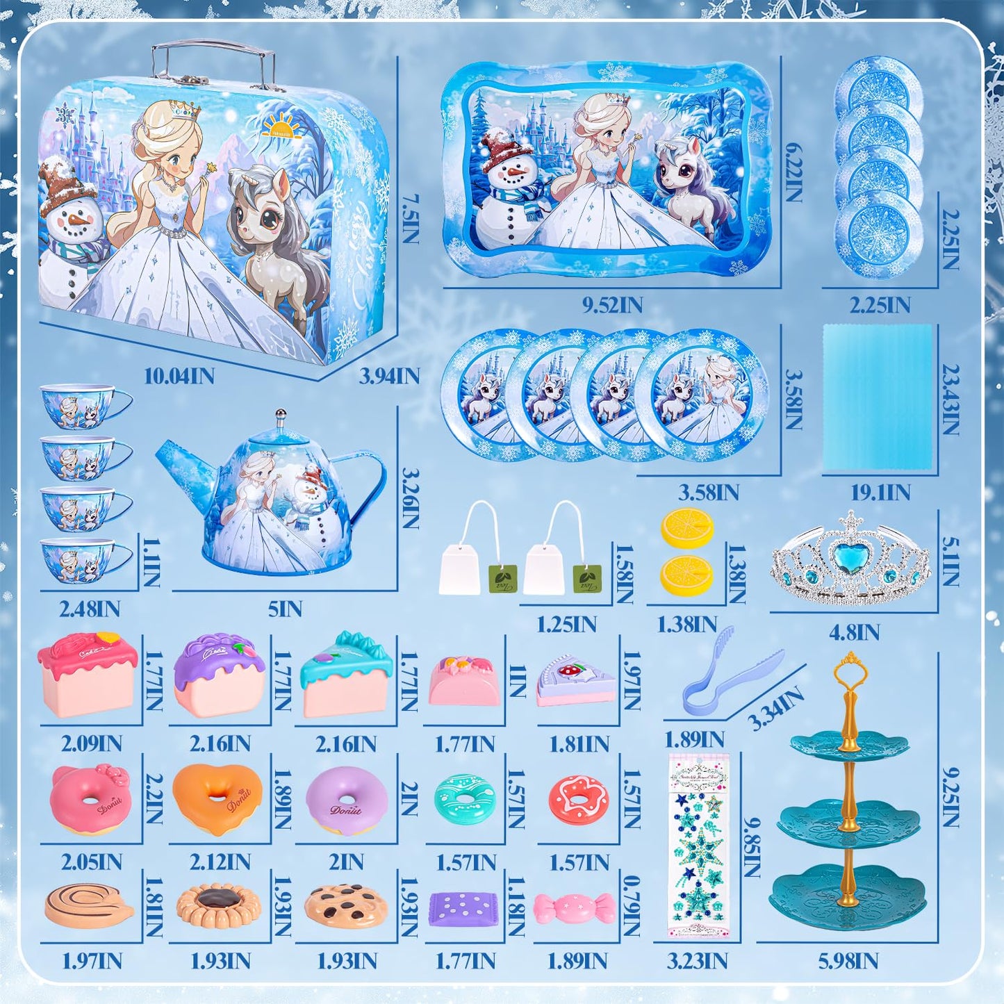 Hohosunlar Frozen Tea Party Set for Little Girls, Princess Gift Toy, Kids Pretend Play Tin Tea Set with Teapot, Tea Cups, Food P