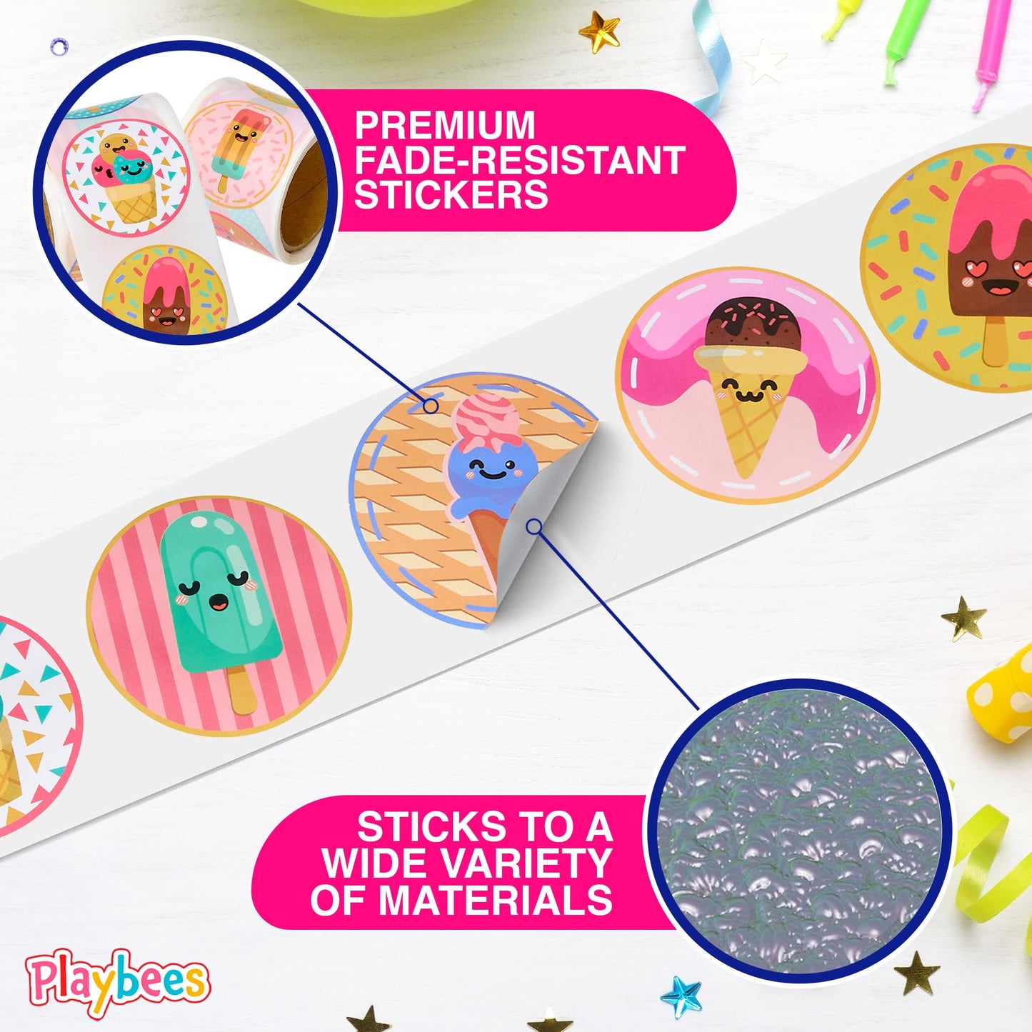 Playbees Ice Cream Parlor Stickers For Kids - 200 Pack Of Sweet-Themed Designs - Ideal For Diy Arts And Crafts, Scrapbooking, Te