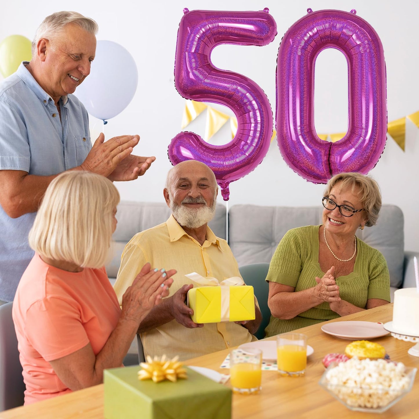 50 Year Old Birthday Balloons, Self Inflating Dark Pink Giant Number 50 Balloons For Women, Laser Hot Pink Iridescent 40 Inch 50