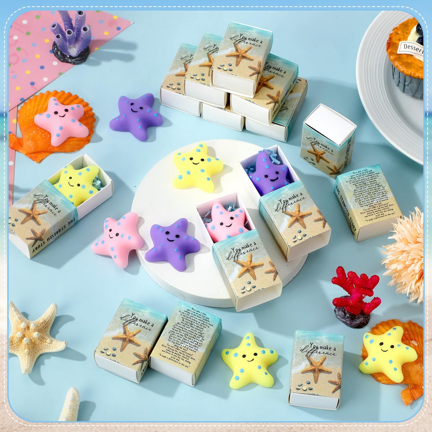Wettarn 24 Sets Starfish Story Gifts Cute Stress Balls with Gift Boxes You Make a Difference Desk Decor Appreciation Party Favor