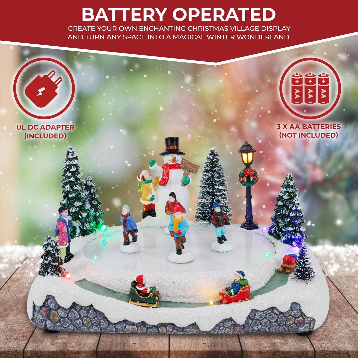 Top Treasures Animated Christmas Village Skating Pond - Lighted Musical Snow Scene, 11x7.5 In, Ceramic, Multicolor