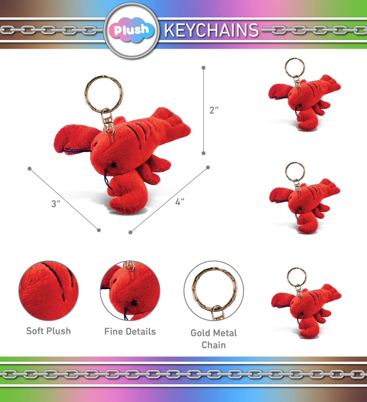 Puzzled Red Lobster Plush Keychain Stuffed Animal - Super Soft Ocean Animal Lobster Stuffed Toy Keychain, Plush Lobster Toy Keychain For Backpacks, Purse, Car Keys With Metal Key Ring - 4 Inches