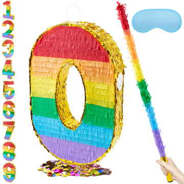 PCFING 20 Inch Number 4 Piata Rainbow with 30 Inch Piata Stick Blindfold Confetti for Boy Girl Kids Birthday Party Decorations, 