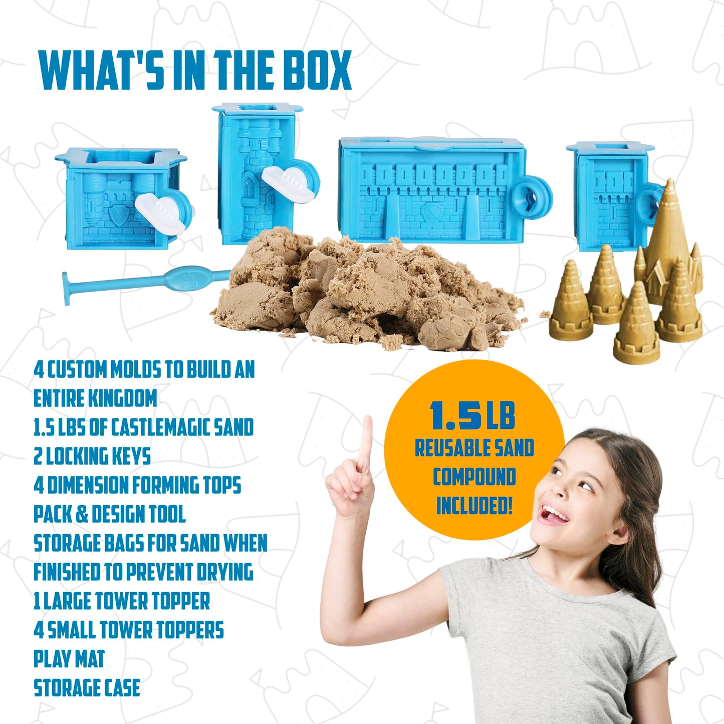 Create A Castle Indoor Sandcastle Play Sand Kit, 1.5 Lbs Sensory Play Sand, Buildmaster Starter Reusable Castle Magic Sand Toy Set For Kids, 20 Pieces And Playmat, For Kids 6+