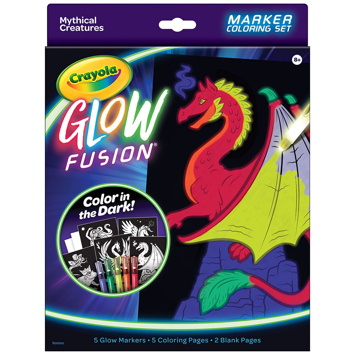 Crayola Glow Fusion Coloring Set - Glow in The Dark Markers & Mythical Creature Pages, Blue/Green/Orange/Red, Model 747491