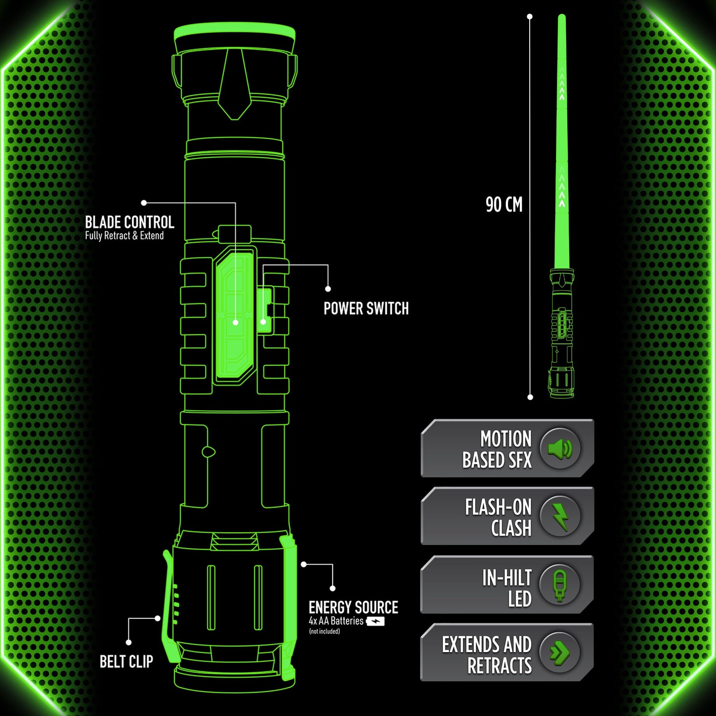 Goliath Power Saber Energy cutting edge Green | First Ever Automatic Saber | Auto Extending & Retracting Saber | Extends 35 (90cm) | Motion Based SFX | Ages 6
