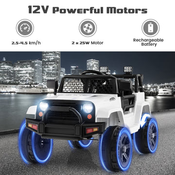 Olakids Kids Ride On Truck, 12V Electric Vehicle Jeep Car With Remote Control, Toddlers Battery Powered Toy With 2 Speeds, Spring Suspension, Double Open Doors, Led Lights, Music, Tf, Usb, Mp3 (White)
