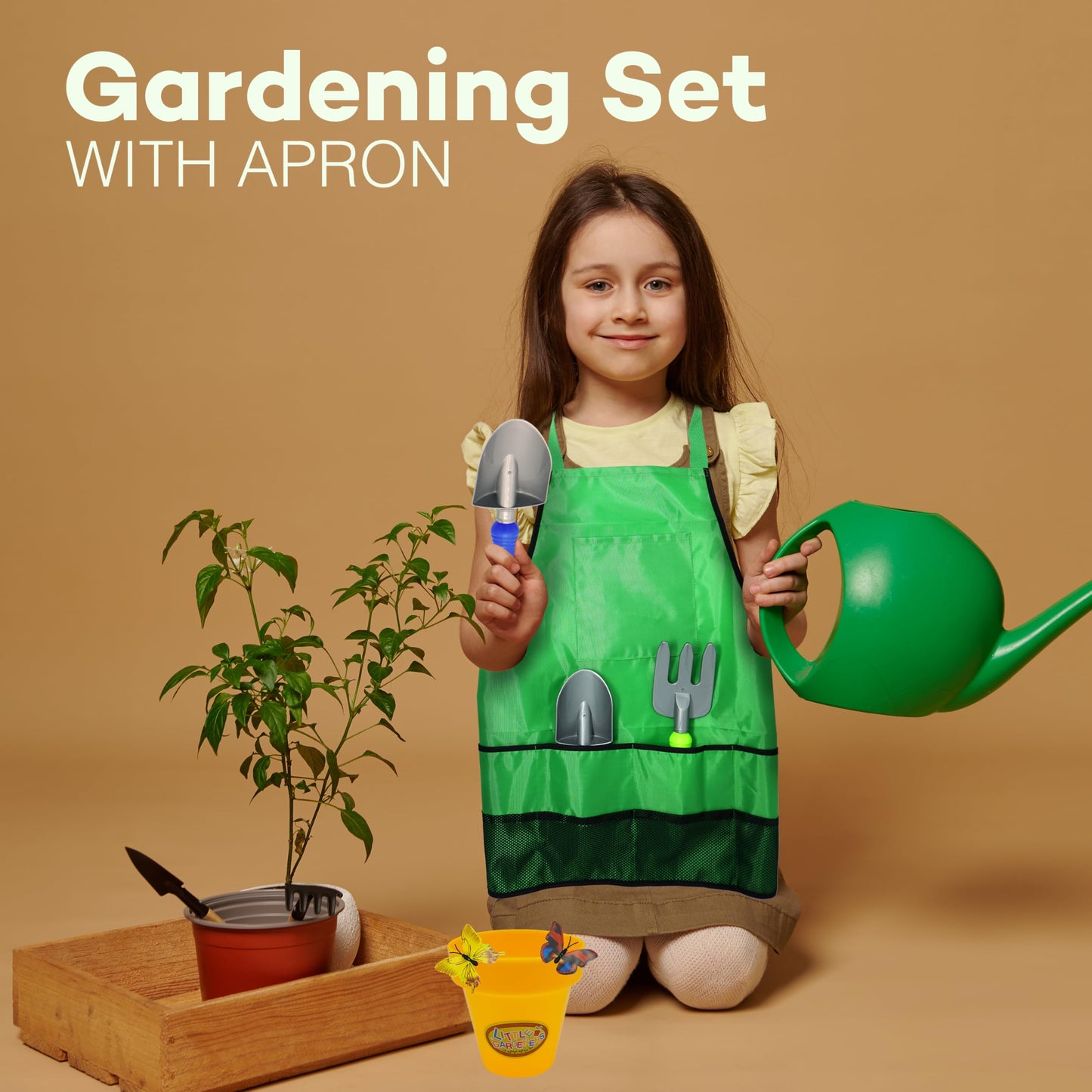 15 Piece Gardening Tools & Wagon Toy Set With Plastic Wheelbarrow, Apron, Stem Pretend Play Outdoor Toy For Toddlers Kids Boys Girls By 4E'S Novelty