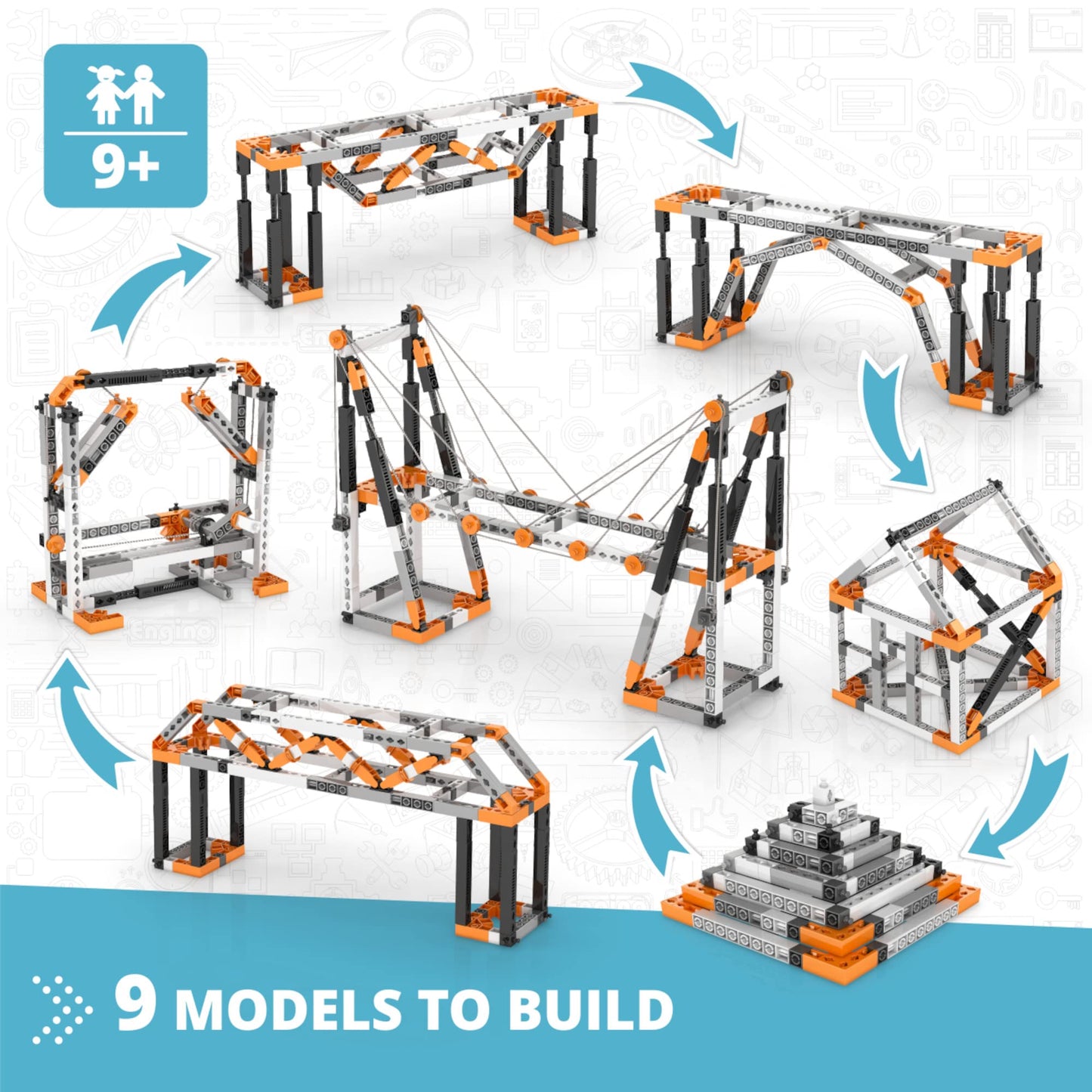Engino STEM Toys - Building & Bridge Construction Kit for Kids 9+, Multicolor, ABS Plastic, 9 Model Options, ENG-STEM06