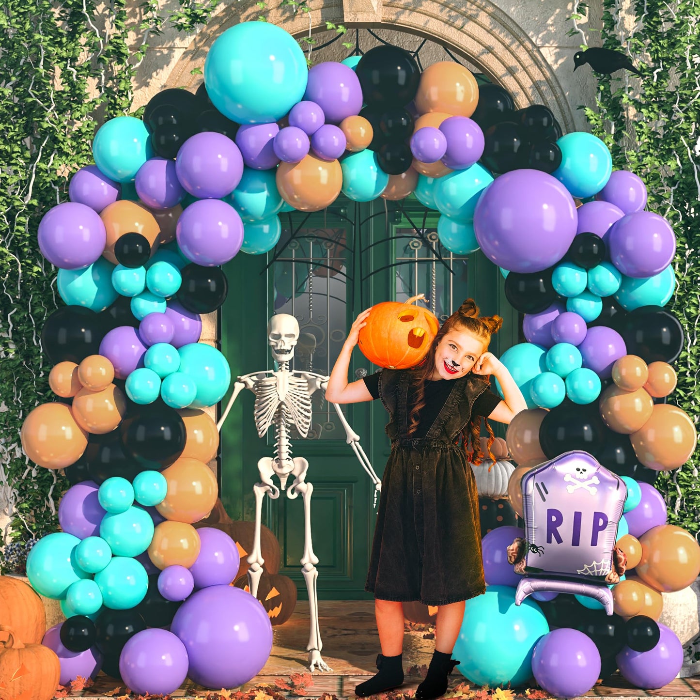 House Of Party Halloween Balloon Arch Kit - 18/12/10/5 Inch Black Purple Orange And Teal Balloons With Large Gravestone Foil Bal