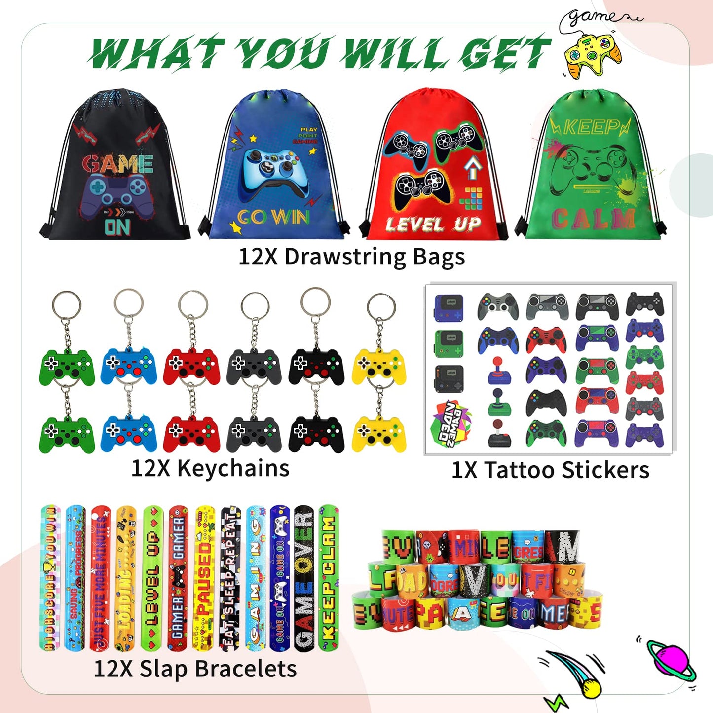 61 Pcs Video Game Party Favors, Gamer Party Favors Bags Includes 12 Pcs16 X 13 Inch Video Game Party Drawstring Bags Slap Bracel