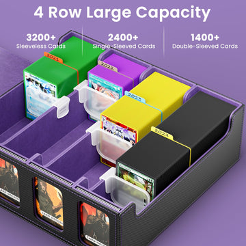Flooyes Card Storage Box For Trading Cards With 4 Card Supporters, 3200+ Mtg Deck Box With 24 Colorful Dividers, Commander Trading Card Storage Box With Viewing Windows For Magic Game Cards, Purple