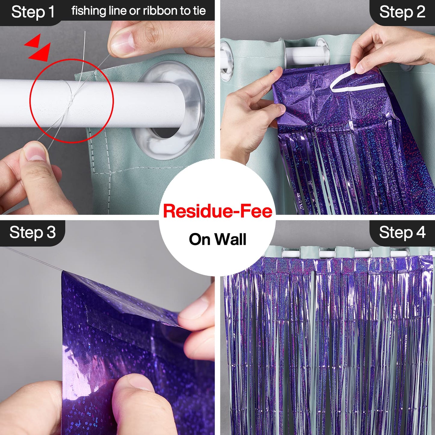 PartyWoo 2 pcs Purple Foil Fringe Curtain, Metallic Tinsel Fringe Backdrop Door Fringe, Purple Streamers Backdrop for Mermaid Bi