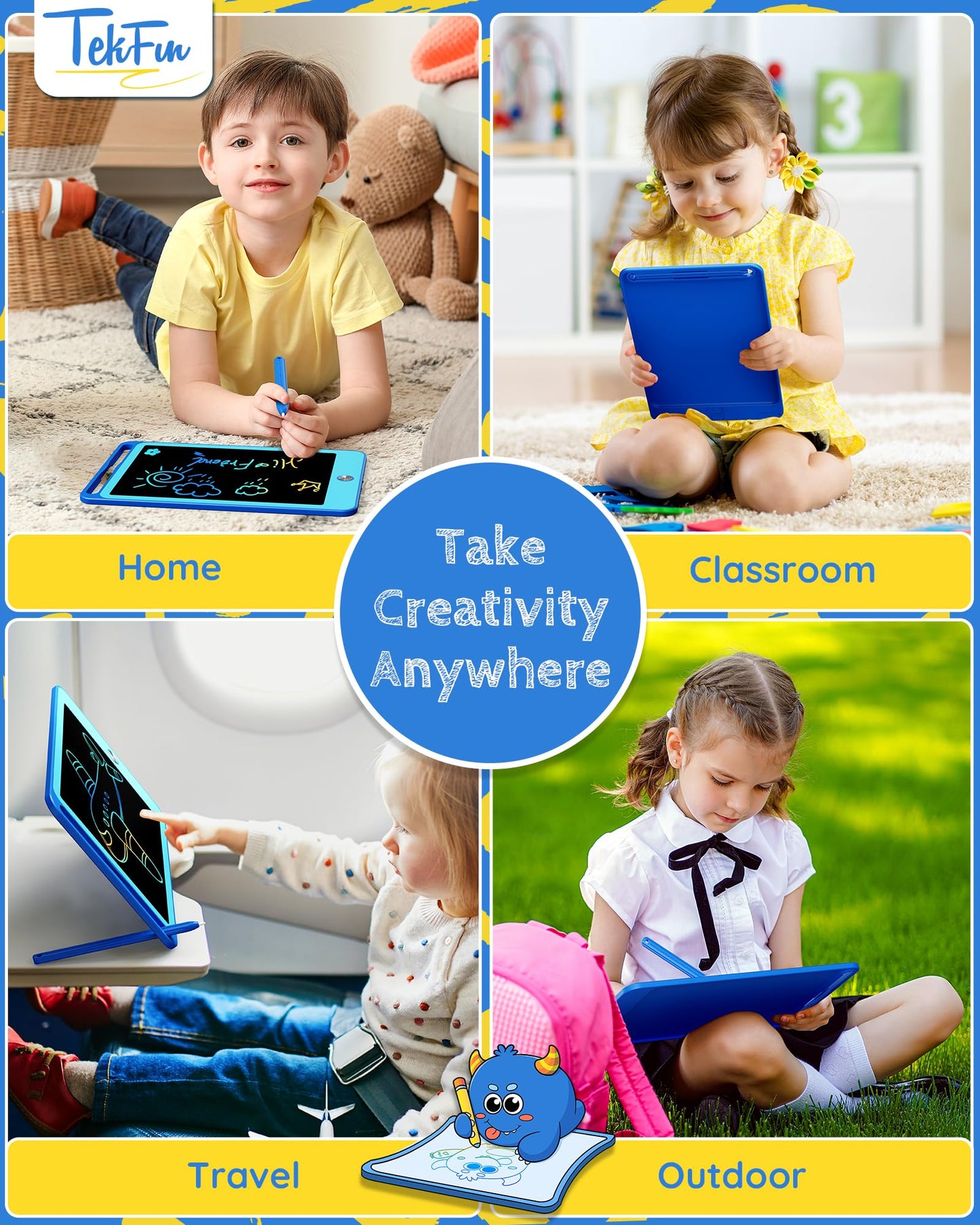 Tekfun 2 Pack Lcd Writing Tablet For Kids, 10 Inch Blue+Blue Doodle Board Drawing Board Reusable Drawing Tablet With Lanyard, Ed