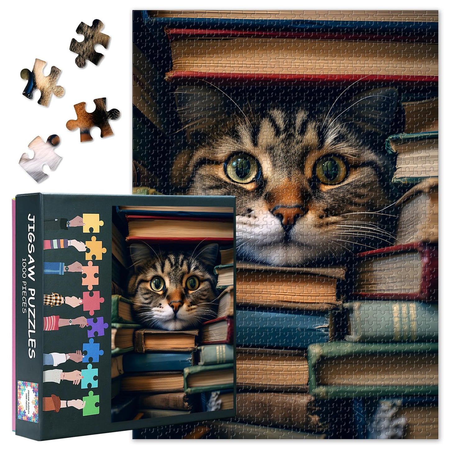 Cute Jigsaw Puzzles 1000 Pieces for Adults,A Curious Cat Peeking Out from Behind a Stack of Books Jigsaw Puzzle Challenge Imposs