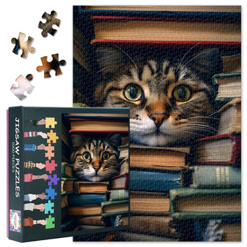 Cute Jigsaw Puzzles 1000 Pieces for Adults,A Curious Cat Peeking Out from Behind a Stack of Books Jigsaw Puzzle Challenge Imposs