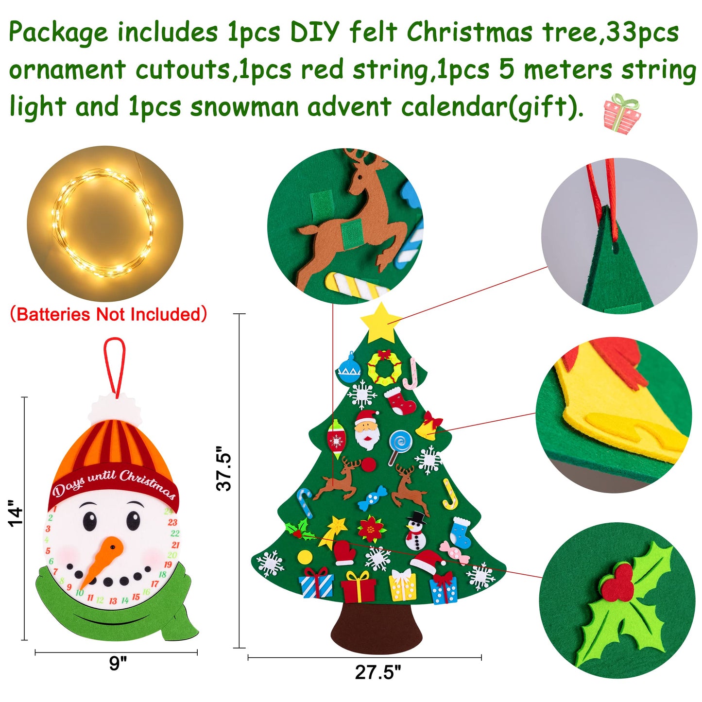 jollylife 3ft DIY Felt Christmas Tree Set + Snowman Advent Calendar - Xmas Decorations Wall Hanging 33 Ornaments Kids Gifts Part
