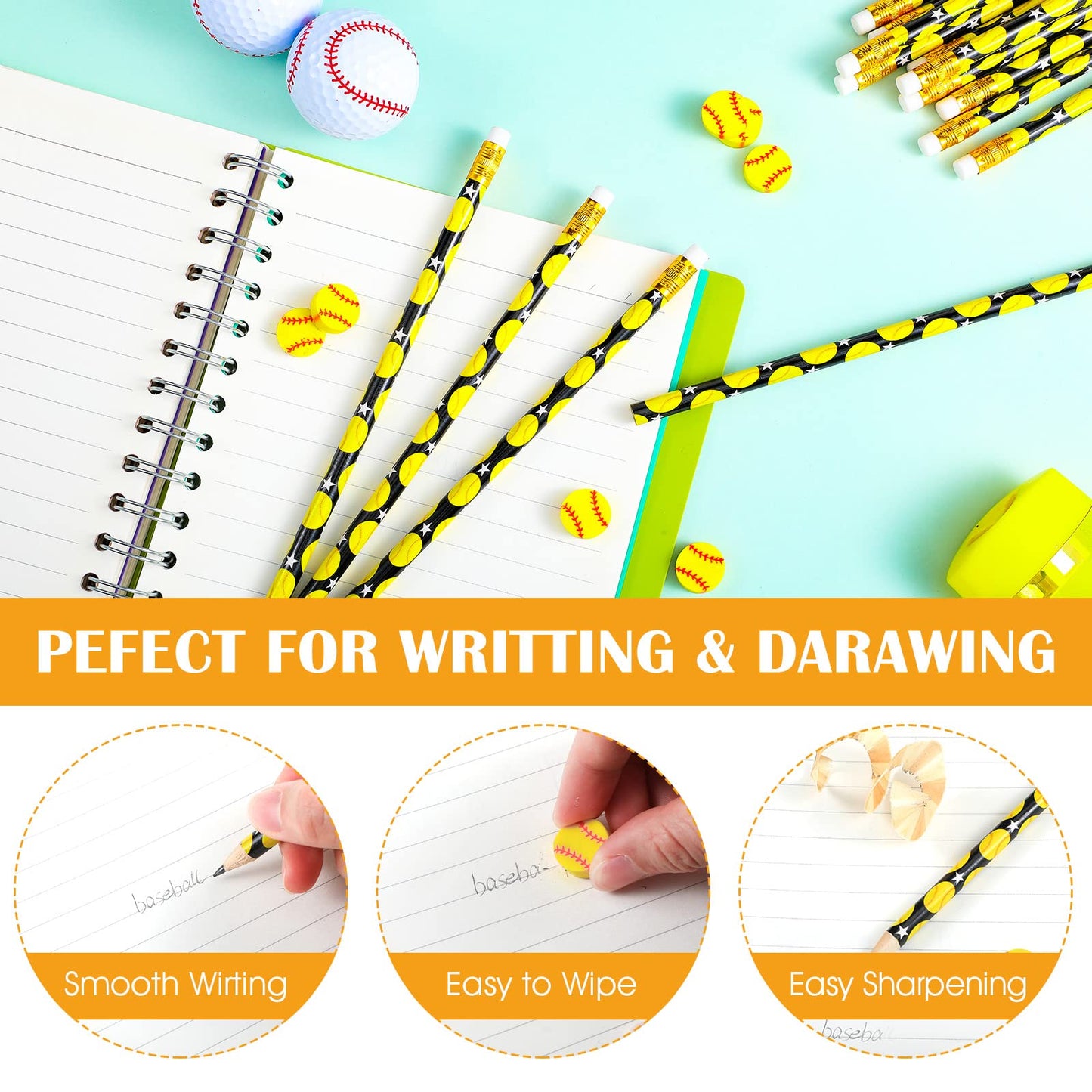 Tinlade 72 Pcs Sports Pencils And Erasers For Kids Fun Wooden Pencils For Kids Boys Sports Themed Birthday Party Favors Students Stationery Party School Office Supplies(Softball)