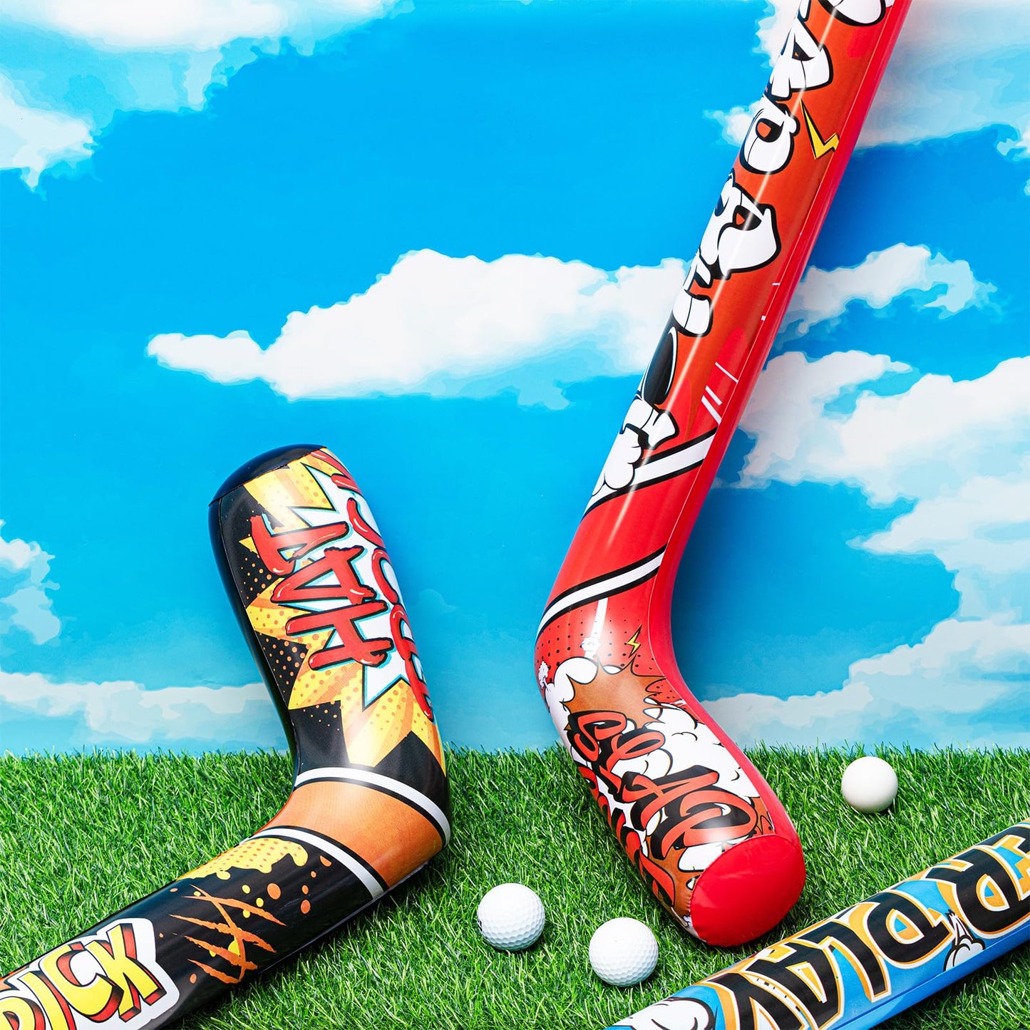 Deekin Set Of 12 32 Inch Inflatable Hockey Sticks Party Favors Birthday Decorations, 4 Trendy Style, Funny Blow Up Hockey Stick Sports Birthday Party Supplies